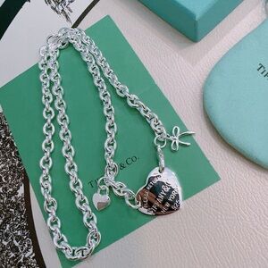 Tiffany & Co. Sterling Silver Heart Tag Necklace with Charm Accents - Silver